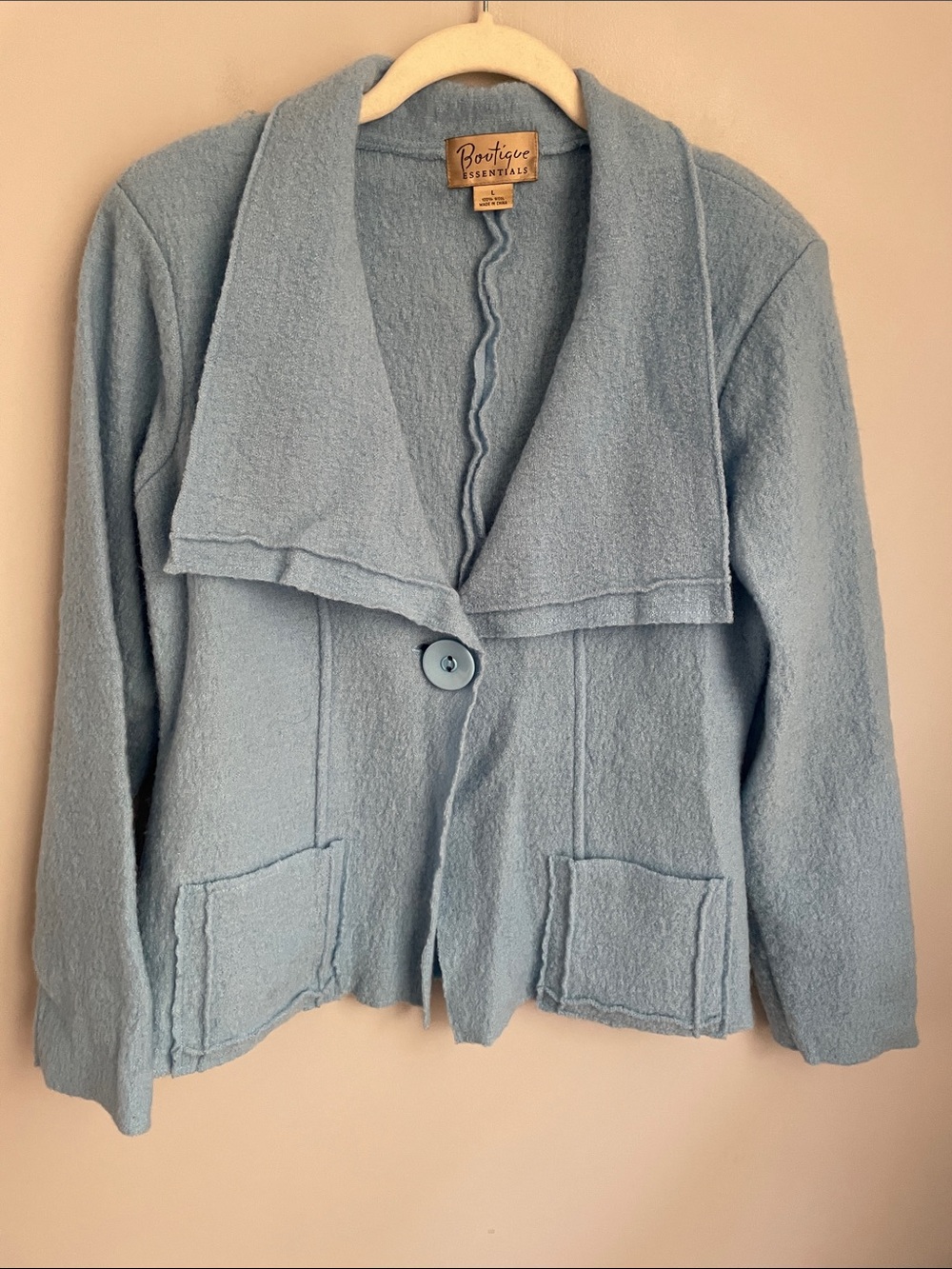 Boutique Essentials Women's Sky Blue Single-Button Boiled Wool Blazer Size Large
